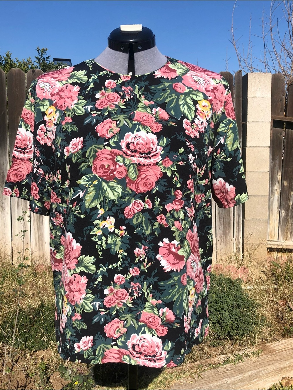 Vintage Styled Pink Floral & Green Short Sleeve Blouse